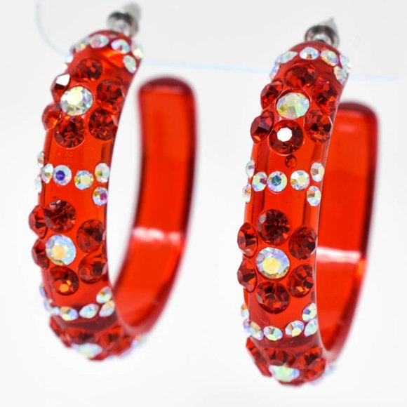 2" Flower Pattern Red Lucite Rhinestone Earrings - Picture 9 of 11